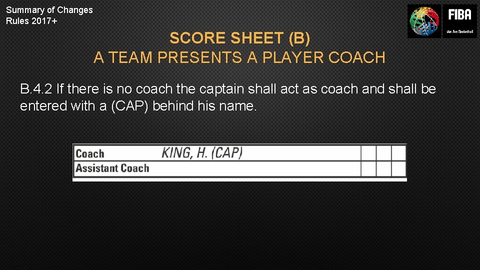 Summary of Changes Rules 2017+ SCORE SHEET (B) A TEAM PRESENTS A PLAYER COACH