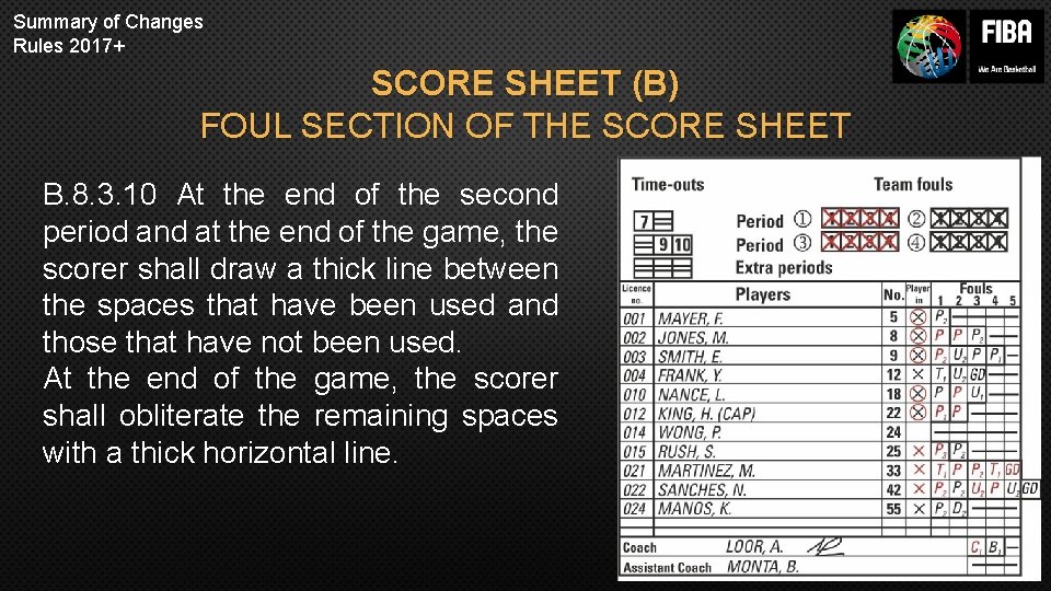 Summary of Changes Rules 2017+ SCORE SHEET (B) FOUL SECTION OF THE SCORE SHEET