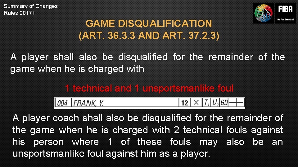 Summary of Changes Rules 2017+ GAME DISQUALIFICATION (ART. 36. 3. 3 AND ART. 37.