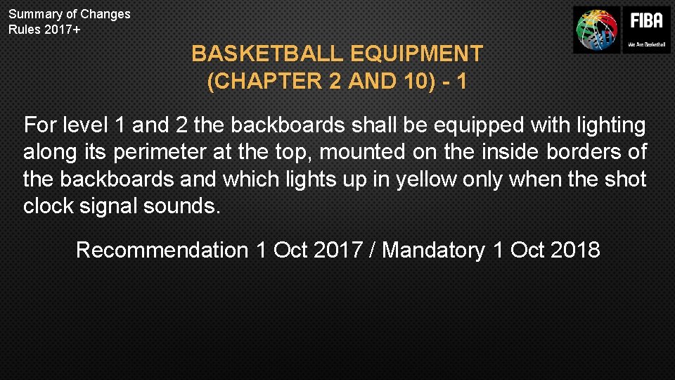 Summary of Changes Rules 2017+ BASKETBALL EQUIPMENT (CHAPTER 2 AND 10) - 1 For