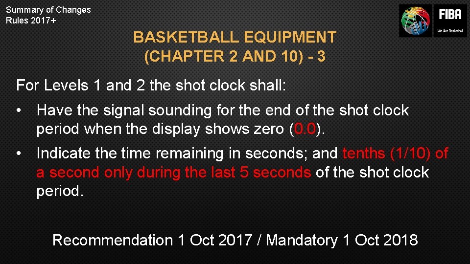 Summary of Changes Rules 2017+ BASKETBALL EQUIPMENT (CHAPTER 2 AND 10) - 3 For