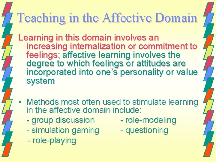 Teaching in the Affective Domain Learning in this domain involves an increasing internalization or