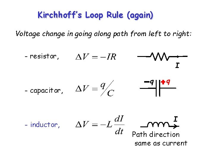 Kirchhoff’s Loop Rule (again) Voltage change in going along path from left to right: