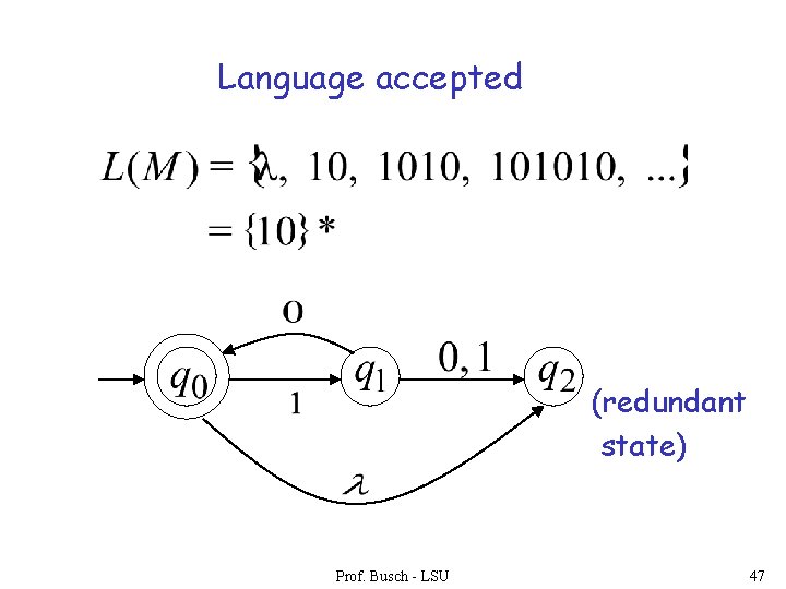 Language accepted (redundant state) Prof. Busch - LSU 47 Language accepted (redundant state) Prof. Busch - LSU 47