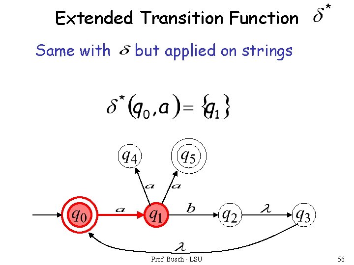 Extended Transition Function Same with but applied on strings Prof. Busch - LSU 56