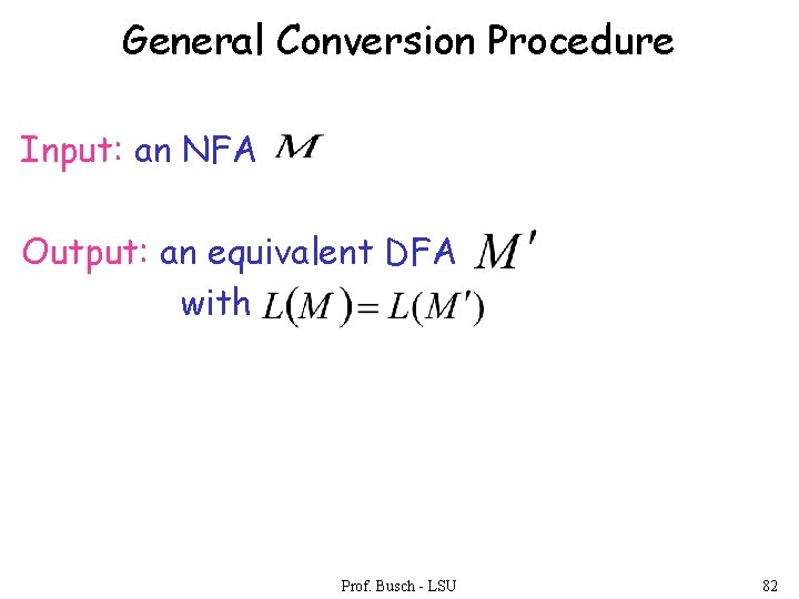 General Conversion Procedure Input: an NFA Output: an equivalent DFA with Prof. Busch -