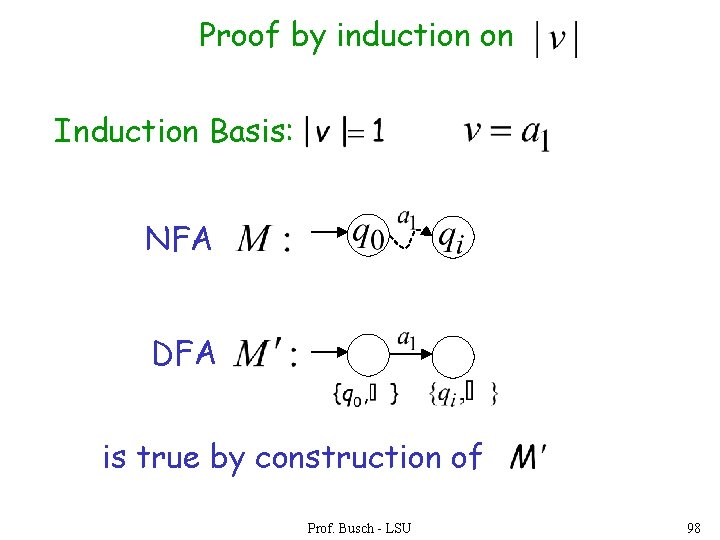 Proof by induction on Induction Basis: NFA DFA is true by construction of Prof. Proof by induction on Induction Basis: NFA DFA is true by construction of Prof.