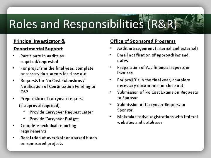 Roles and Responsibilities (R&R) Principal Investigator & Departmental Support Participate in audits as required/requested