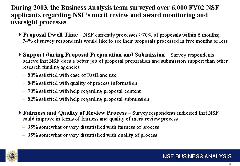 During 2003, the Business Analysis team surveyed over 6, 000 FY 02 NSF applicants