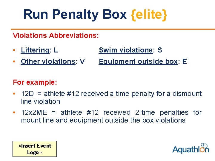 Run Penalty Box {elite} Violations Abbreviations: • Littering: L Swim violations: S • Other
