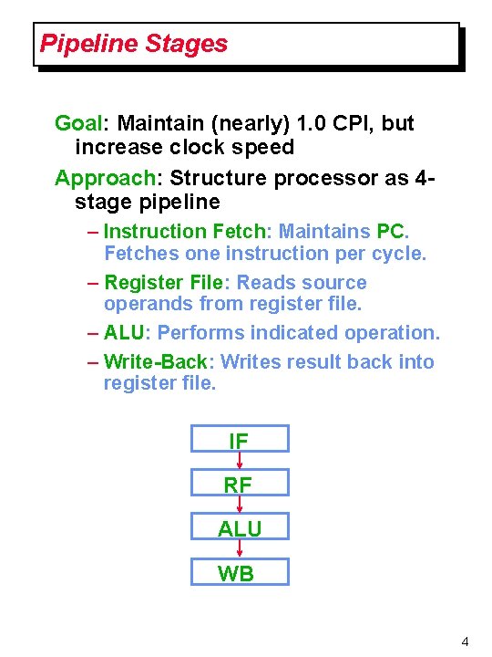 Pipeline Stages Goal: Maintain (nearly) 1. 0 CPI, but increase clock speed Approach: Structure