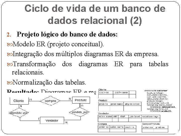 Ciclo de vida de um banco de dados relacional (2) 2. Projeto lógico do
