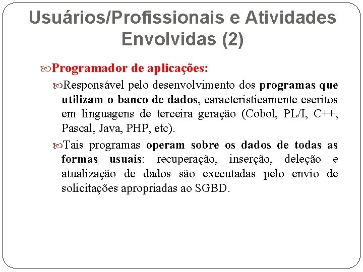 Usuários/Profissionais e Atividades Envolvidas (2) Programador de aplicações: Responsável pelo desenvolvimento dos programas que
