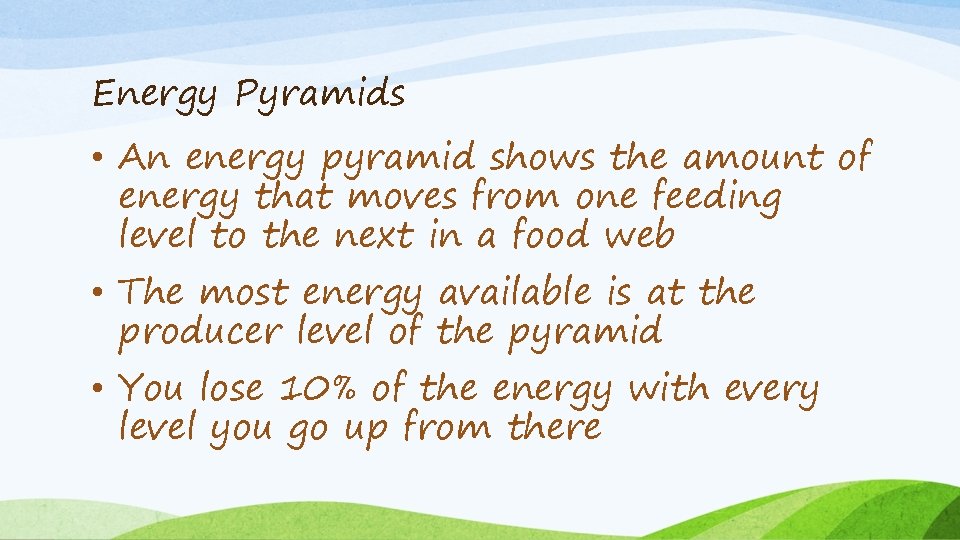 Energy Pyramids • An energy pyramid shows the amount of energy that moves from