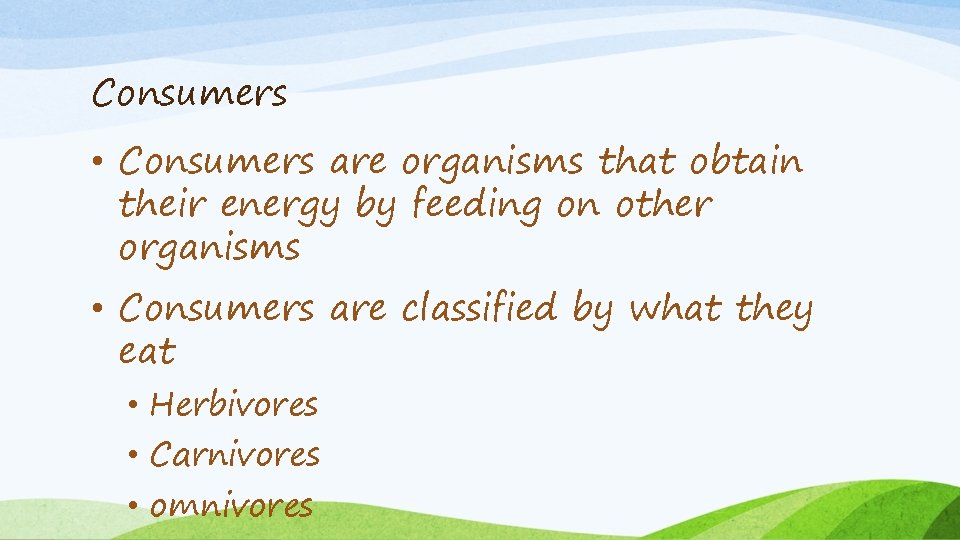 Consumers • Consumers are organisms that obtain their energy by feeding on other organisms