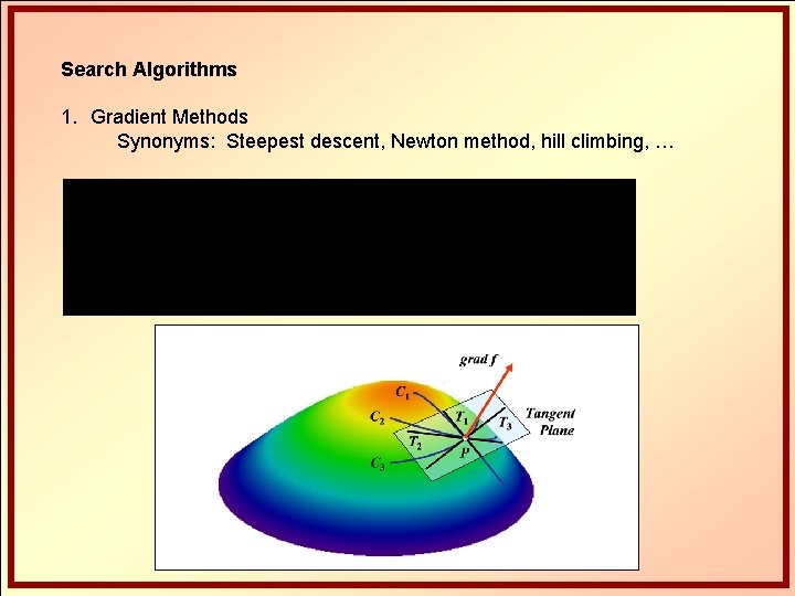 Search Algorithms 1. Gradient Methods Synonyms: Steepest descent, Newton method, hill climbing, … 