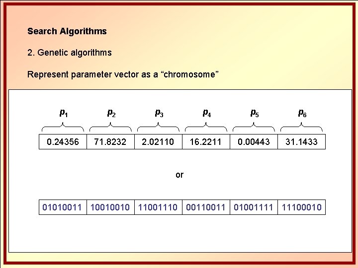 Search Algorithms 2. Genetic algorithms Represent parameter vector as a “chromosome” p 1 p