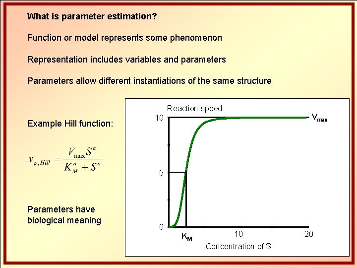 What is parameter estimation? Function or model represents some phenomenon Representation includes variables and