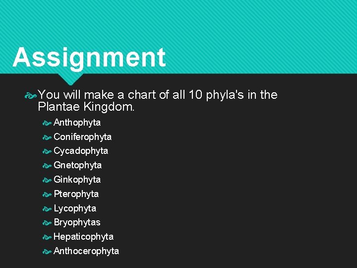 Assignment You will make a chart of all 10 phyla's in the Plantae Kingdom. Assignment You will make a chart of all 10 phyla's in the Plantae Kingdom.