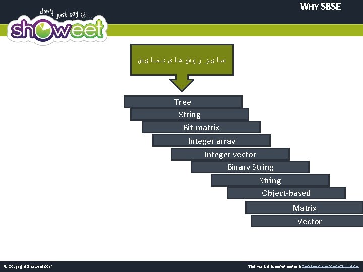 WHY SBSE ﻧﻤﺎیﺶ ﻫﺎی ﺭﻭﺵ ﺳﺎیﺮ Tree String Bit-matrix Integer array Integer vector Binary