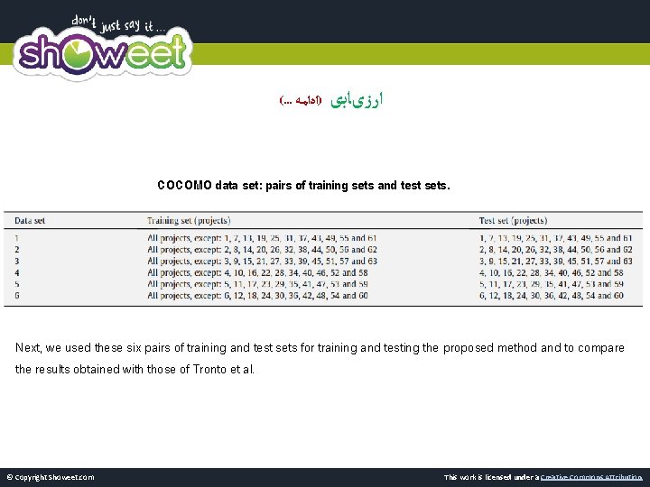 (. . . )ﺍﺩﺍﻣﻪ ﺍﺭﺯیﺎﺑی COCOMO data set: pairs of training sets and test