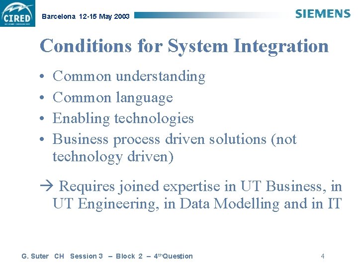 Barcelona 12 -15 May 2003 Conditions for System Integration • • Common understanding Common