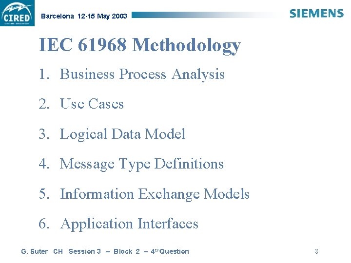 Barcelona 12 -15 May 2003 IEC 61968 Methodology 1. Business Process Analysis 2. Use