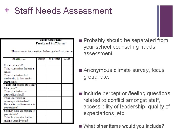 + Staff Needs Assessment n Probably should be separated from your school counseling needs