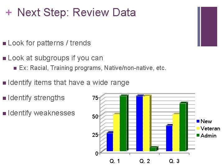 + Next Step: Review Data n Look for patterns / trends n Look at