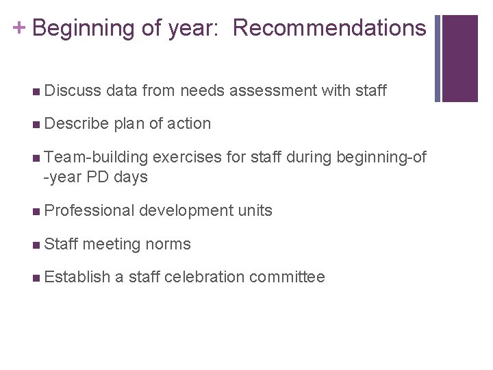 + Beginning of year: Recommendations n Discuss data from needs assessment with staff n