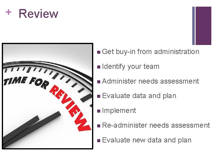 + Review n Get buy-in from administration n Identify your team n Administer n