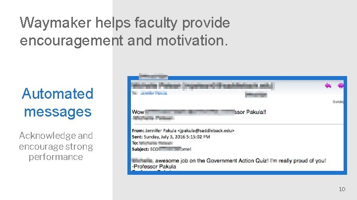 Waymaker helps faculty provide encouragement and motivation. Automated messages Acknowledge and encourage strong performance