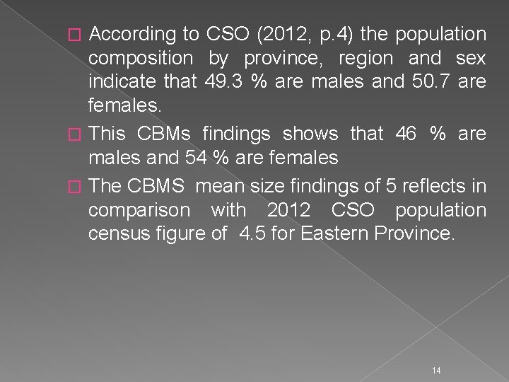 According to CSO (2012, p. 4) the population composition by province, region and sex