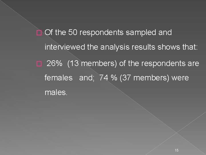 � Of the 50 respondents sampled and interviewed the analysis results shows that: �