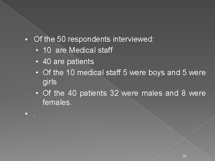 Of the 50 respondents interviewed: • 10 are Medical staff • 40 are patients