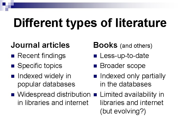 Different types of literature Journal articles n n Recent findings Specific topics Indexed widely