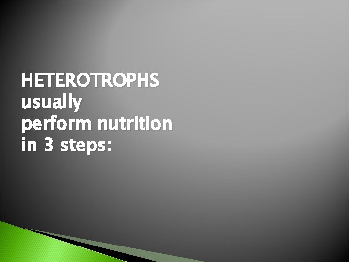 HETEROTROPHS usually perform nutrition in 3 steps: 