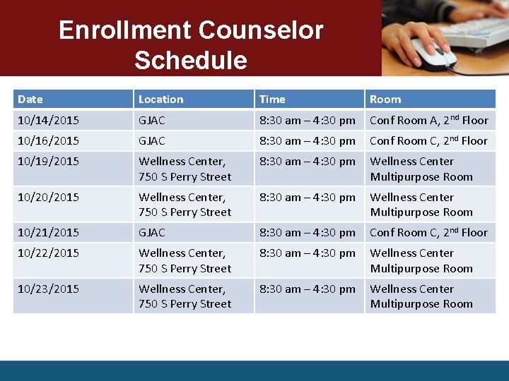 Enrollment Counselor Schedule Date Location Time Room 10/14/2015 GJAC 8: 30 am – 4:
