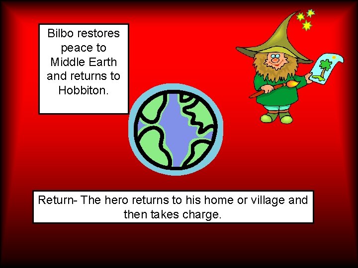 Bilbo restores peace to Middle Earth and returns to Hobbiton. Return- The hero returns