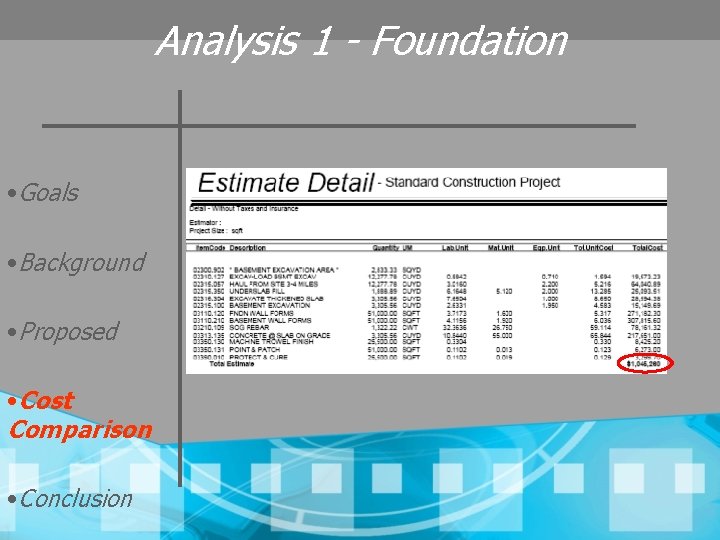 Analysis 1 - Foundation • Goals • Background • Proposed • Cost Comparison •