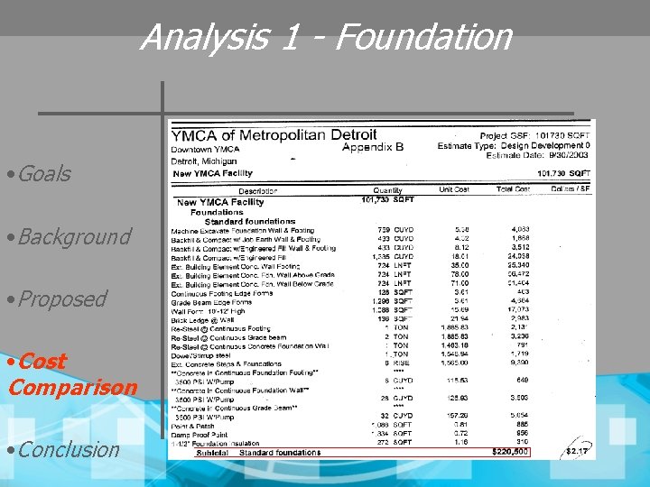 Analysis 1 - Foundation • Goals • Background • Proposed • Cost Comparison •