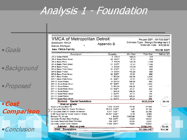 Analysis 1 - Foundation • Goals • Background • Proposed • Cost Comparison •