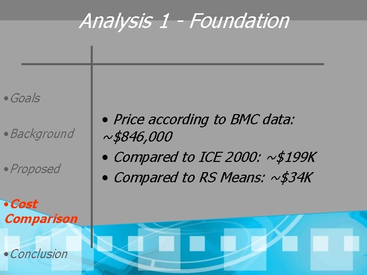 Analysis 1 - Foundation • Goals • Background • Proposed • Cost Comparison •