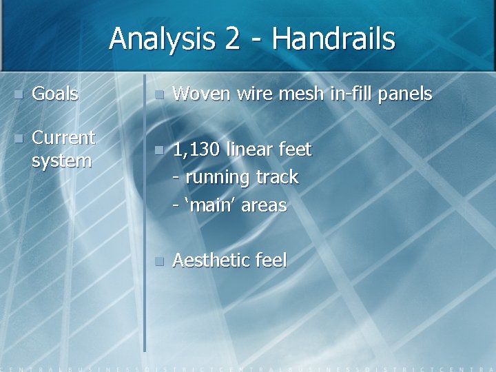 Analysis 2 - Handrails n Goals n Woven wire mesh in-fill panels n Current