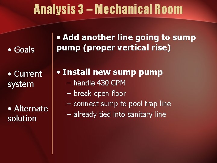 Analysis 3 – Mechanical Room • Goals • Current system • Alternate solution •