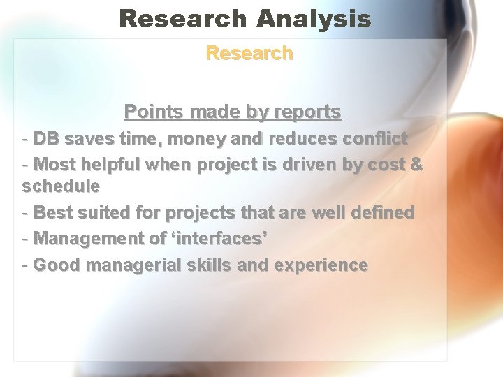 Research Analysis Research Points made by reports - DB saves time, money and reduces