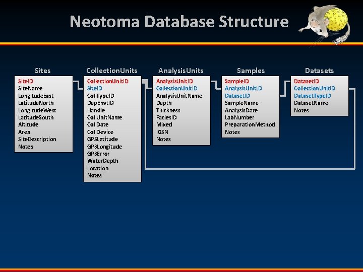 Neotoma Database Structure Sites Site. ID Site. Name Longitude. East Latitude. North Longitude. West