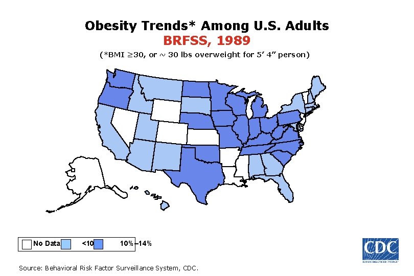 Obesity Trends* Among U. S. Adults BRFSS, 1989 (*BMI ≥ 30, or ~ 30