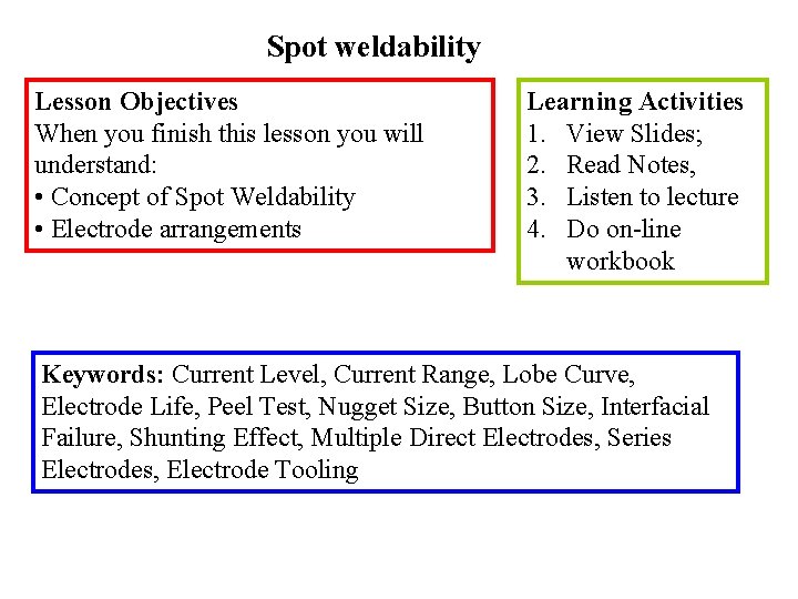 Spot weldability Lesson Objectives When you finish this lesson you will understand: • Concept