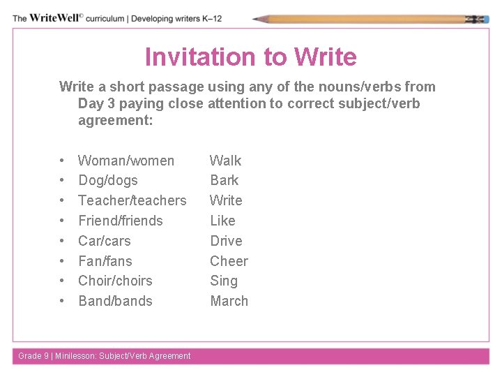 Invitation to Write a short passage using any of the nouns/verbs from Day 3
